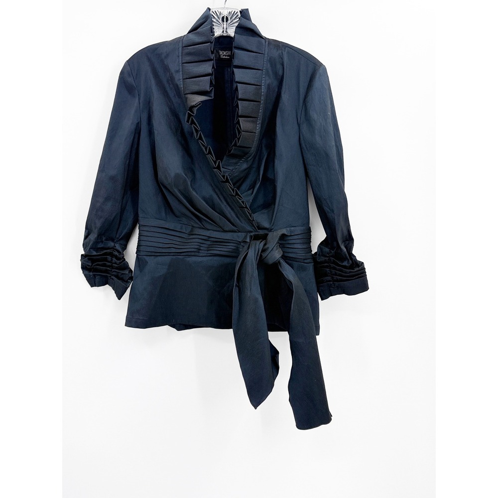 Tadashi Collection Navy Blue Pleated Ruffle Wrap Jacket Tie Waist Size 12